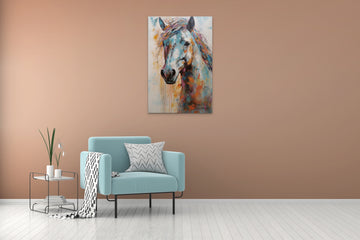 An Acrylic Expressionist Print of a Horse in White, Pink, and Blue Hues
