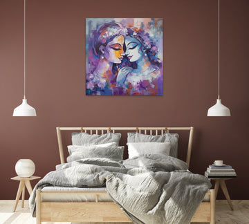 An Abstract Expressionist Acrylic Color Print of Radha Krishna in Shades of White and Purple