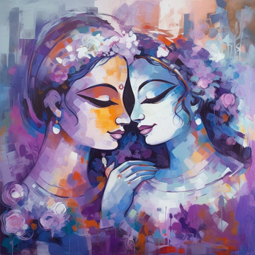 An Abstract Expressionist Acrylic Color Print of Radha Krishna in Shades of White and Purple