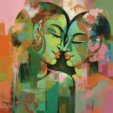 Pastel Love: An Abstract Expressionism Acrylic Color Print of Radha Krishna in Shades of Green and Pink