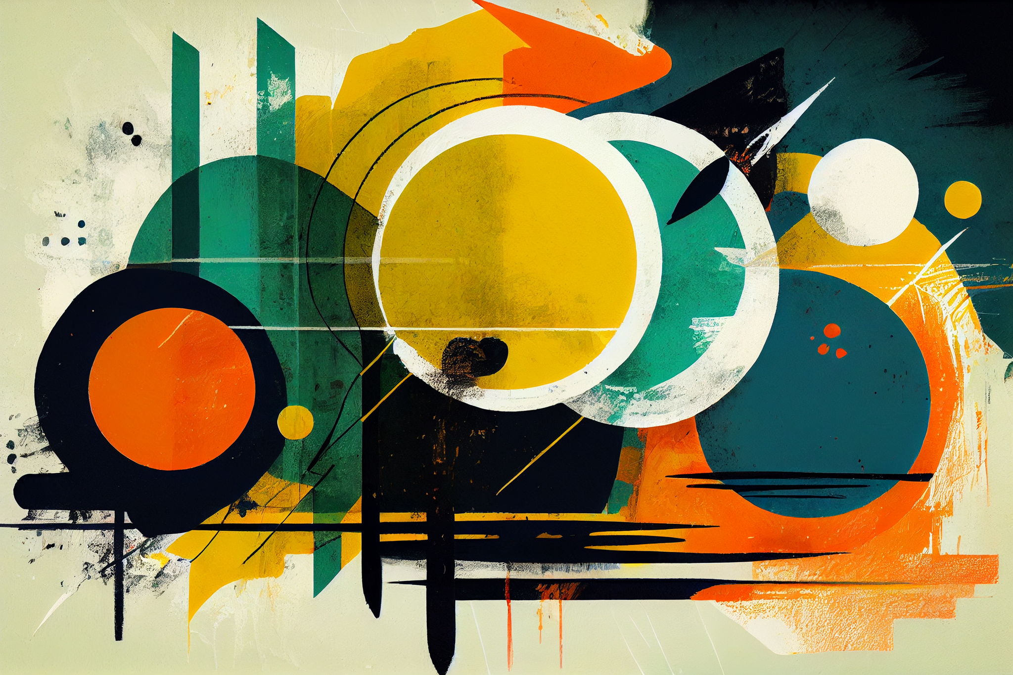 Circular Fusion: An Abstract Art Print of Geometric Shapes and Textured Brush Strokes