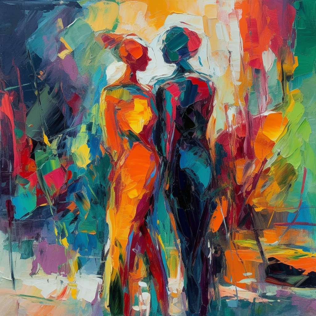 A Vibrant Oil Color Portrait Print of a Loving Couple in Abstract Expressionism
