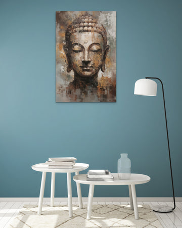 A Stunning Abstract Expressionist Buddha Print in Shades of Brown, Grey, Black, and White