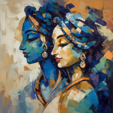 Divine Love in Blue and Beige: An Abstract Expressionism Oil Color Print of Radha Krishna