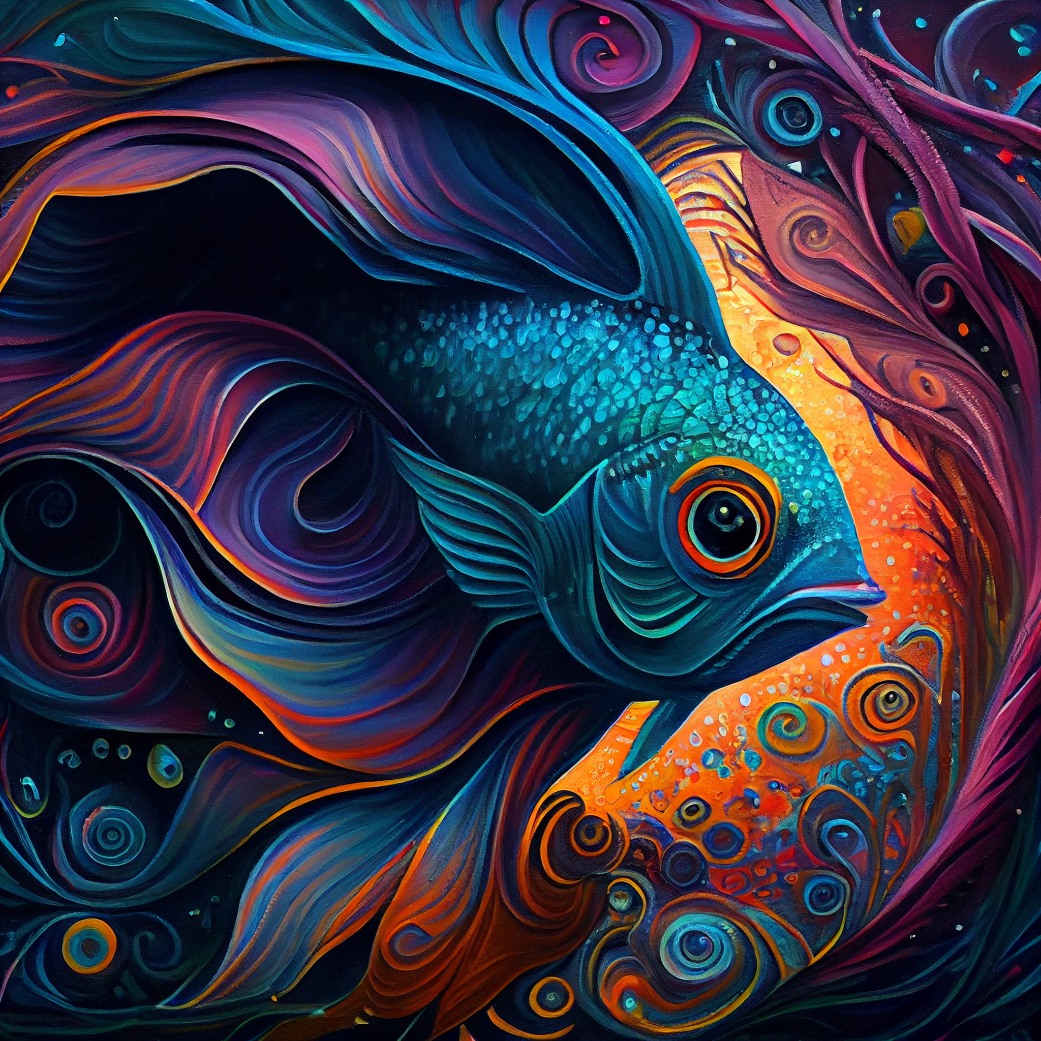 Extraterrestrial Underwater World: An Elaborate and Ultra-Detailed Acrylic Painting Print of Gradient Fish with Rich Colors and a Sense of Awe