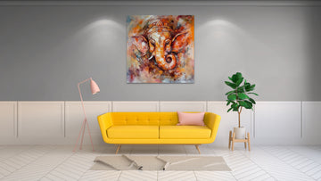 Vibrant Divinity: An Abstract Impressionism Acrylic Color Print of Lord Ganesha in Hues of Orange and White