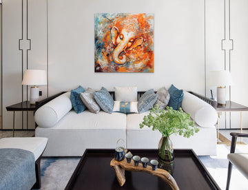 Slumbering Splendor: An Abstract Impressionist Acrylic Color Print of Lord Ganesh in Vibrant Orange, Blue, and White Hues