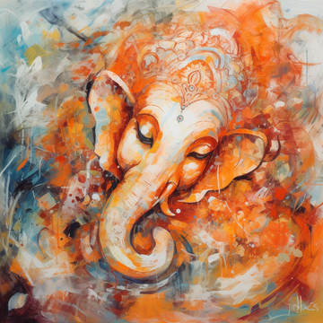 Slumbering Splendor: An Abstract Impressionist Acrylic Color Print of Lord Ganesh in Vibrant Orange, Blue, and White Hues