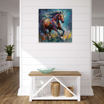 An Abstract Impressionist Acrylic Color Print of a Running Horse in Bright Hues