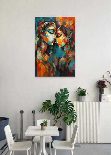 Divine Fusion: Captivating Acrylic Print of Radha Krishna in Abstract Modern Art