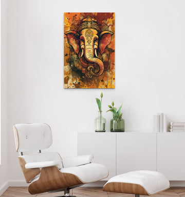 A Vibrant Abstract Painting Print of Lord Ganesh in Golden Hues of Maroon and Yellow