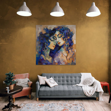 A Contemporary Oil Color Print of Radha Krishna Embraced in Love and Shades of Blue and Purple