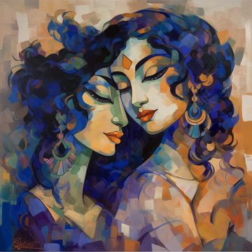 A Contemporary Oil Color Print of Radha Krishna Embraced in Love and Shades of Blue and Purple
