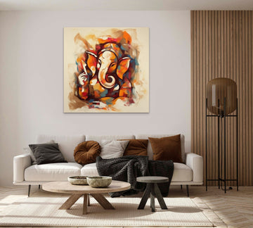 An Abstract Oil Color Painting Print of Lord Ganesha in Mustard, Brown, Blue, and Red