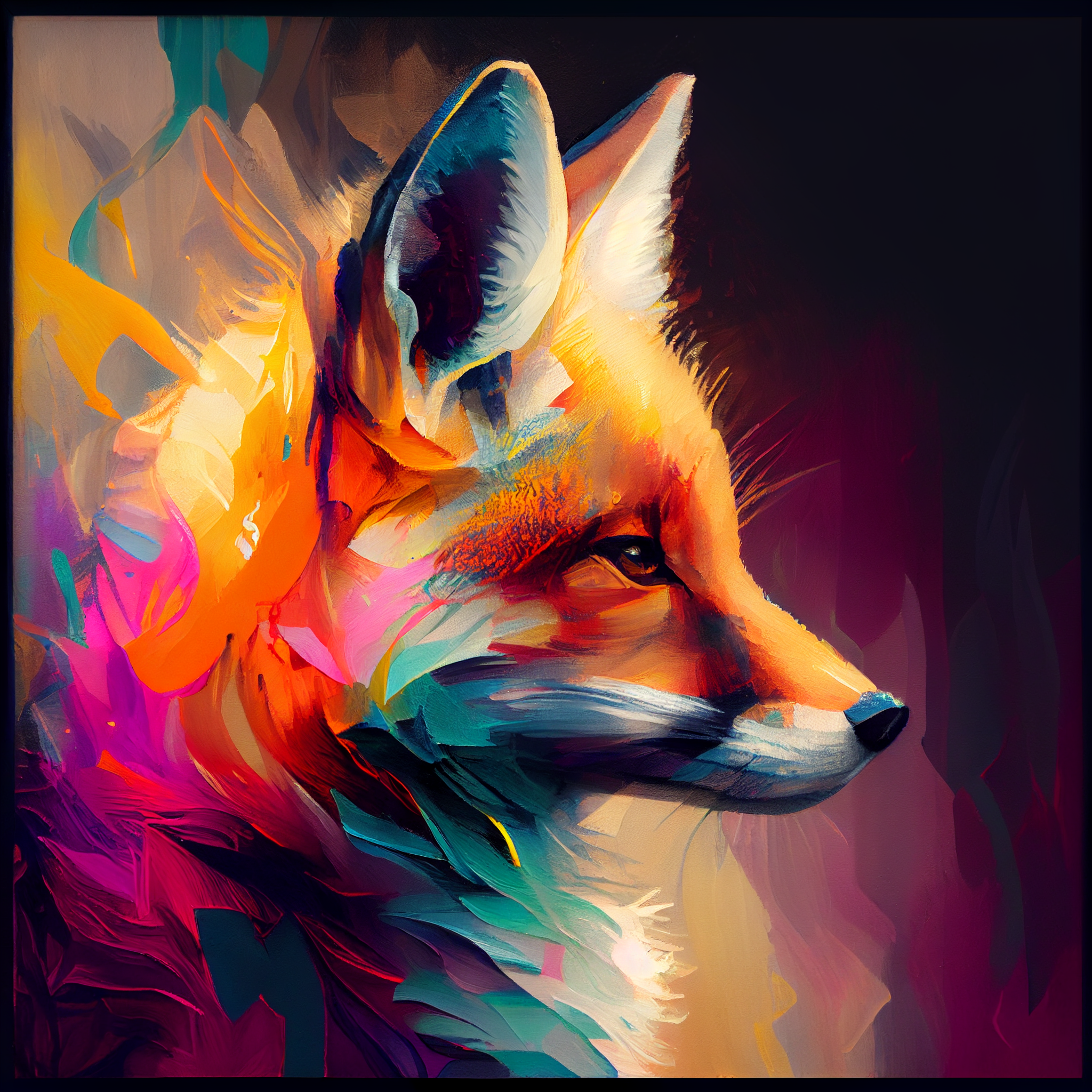 "Fox in Colors: Vibrant Painting Print of a Sideways-Looking Fox - Perfect as a Gift"
