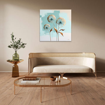 Three Abstract Dandelions Painting Print on Light Blue Background Perfect for Homes, Offices and Gifts Purposes