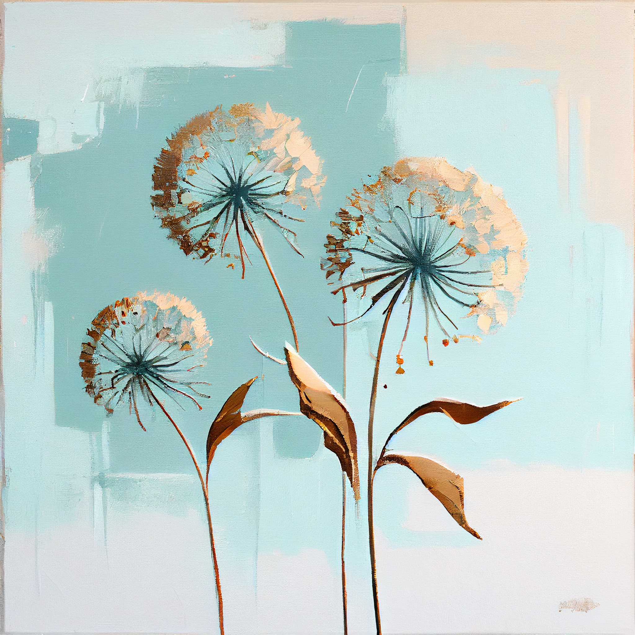 Three Abstract Dandelions Painting Print on Light Blue Background Perfect for Homes, Offices and Gifts Purposes