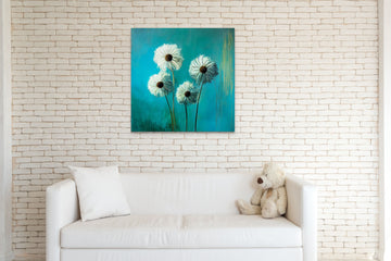 "Dandelion Dreams: Adorn Your Walls with the Serenity and Beauty of this Stunning Oil Painting Print on Vibrant Blue Background"