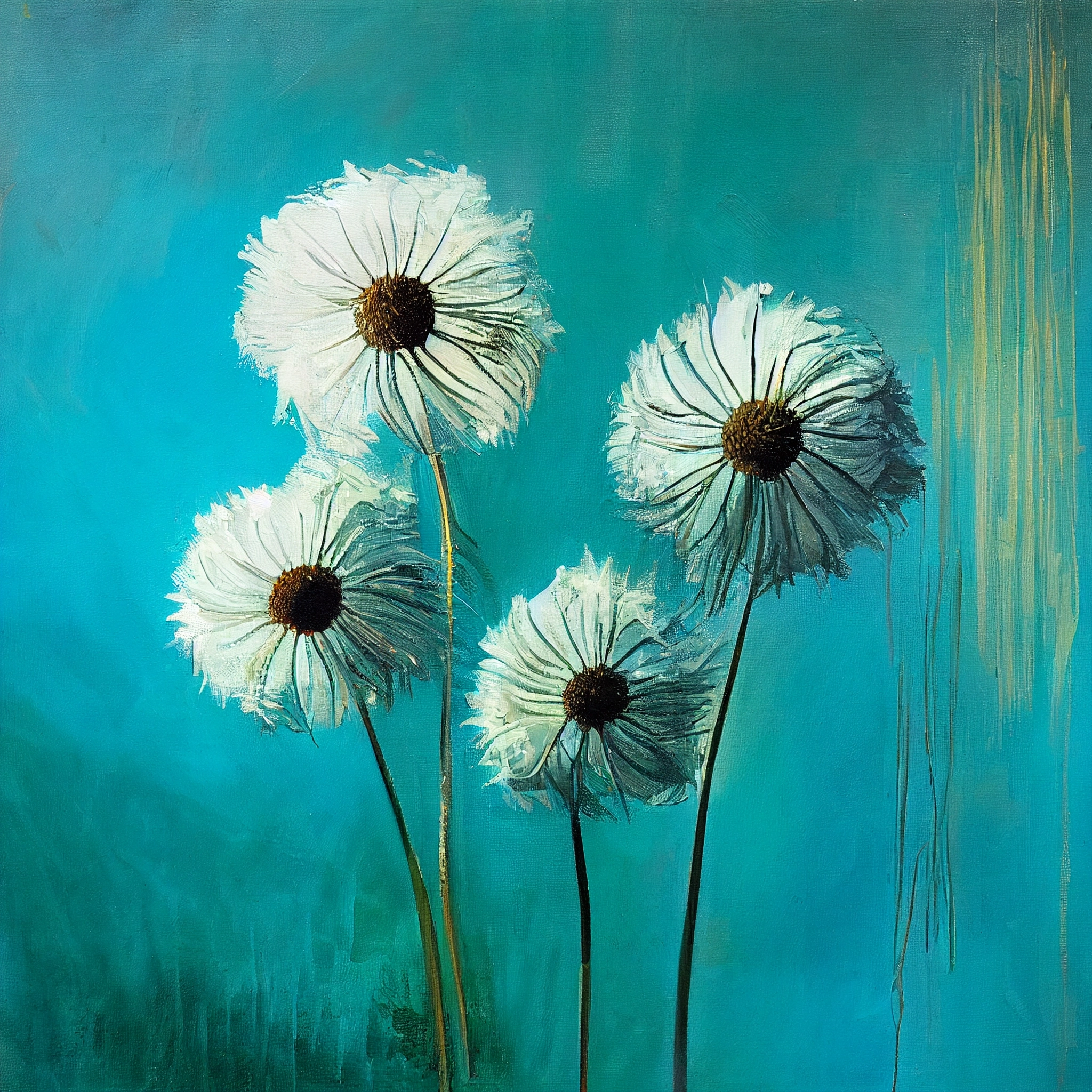 "Dandelion Dreams: Adorn Your Walls with the Serenity and Beauty of this Stunning Oil Painting Print on Vibrant Blue Background"