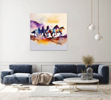 "Wild and Majestic: Capture the Energy and Beauty of Horses in Motion with this Stunning Watercolor Painting Print"