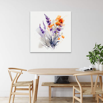 "Blooming Beauty Print: Purple and Orange Flowers Painted on a White Canvas"