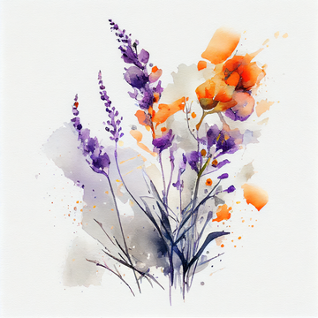 "Blooming Beauty Print: Purple and Orange Flowers Painted on a White Canvas"