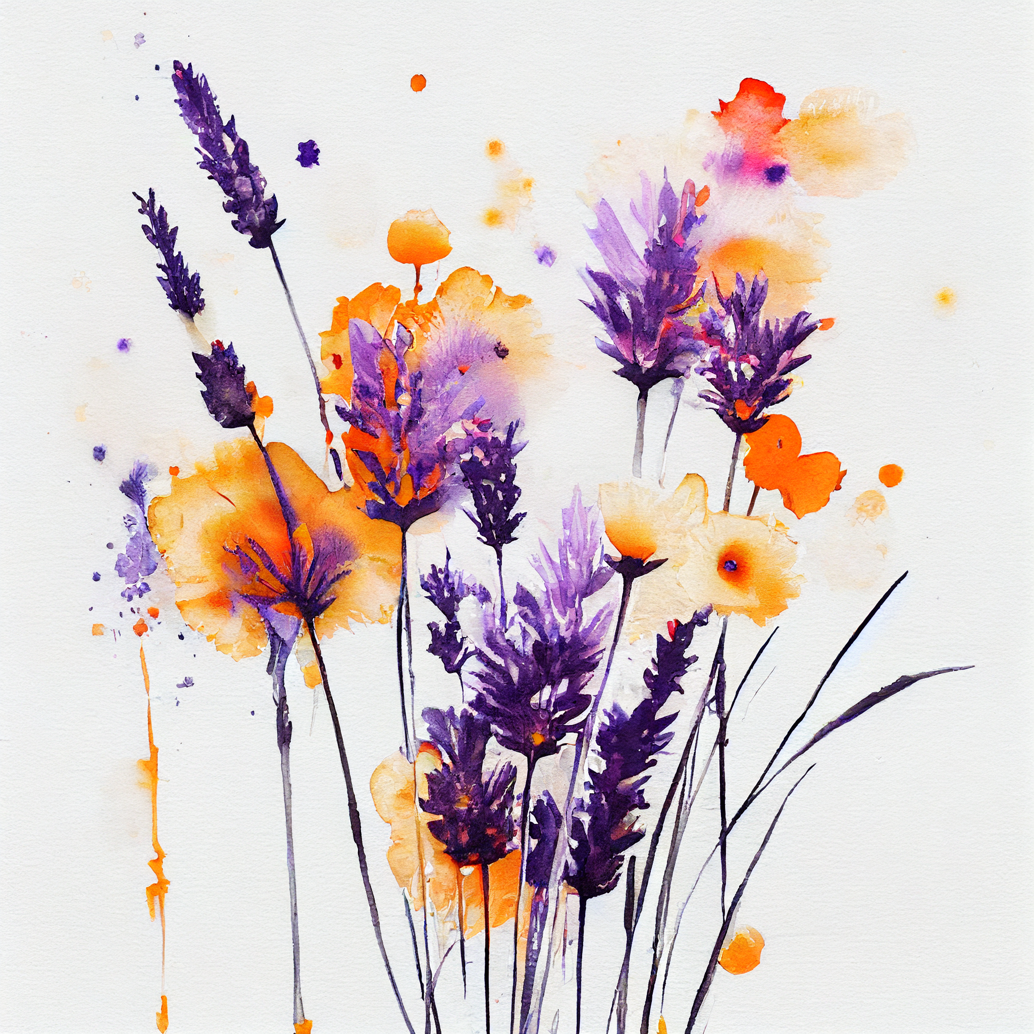 "Blooming Beauty: Watercolor Print of Purple and Orange Flowers"