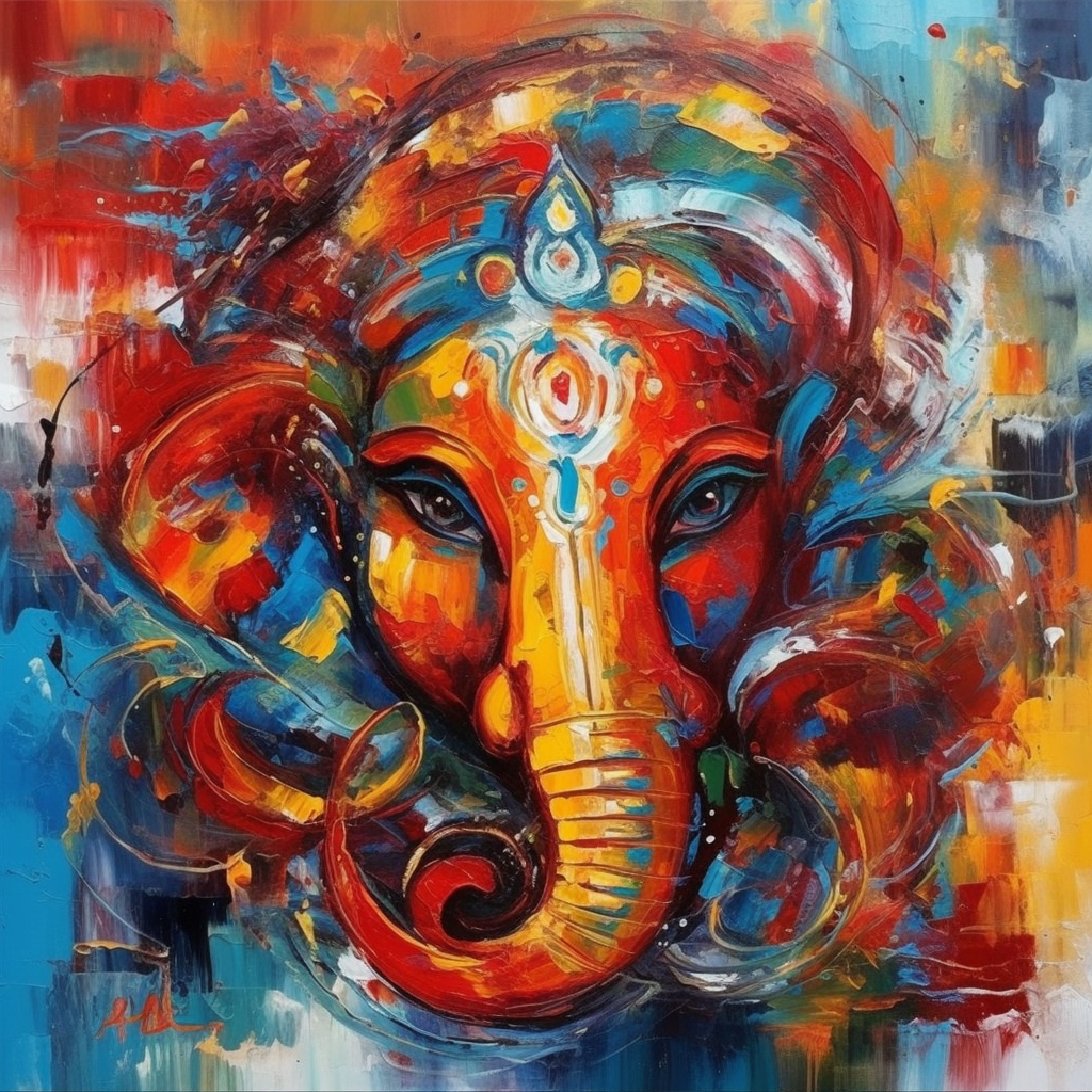 Vibrant Ganesha: An Abstract Acrylic Print in Red, Yellow, and Blue
