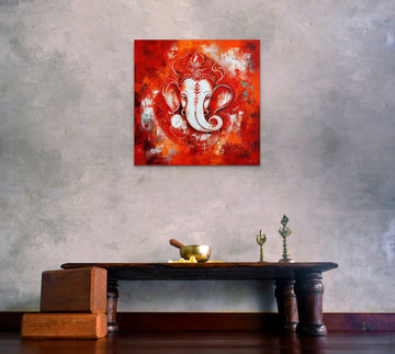 Red Radiance: A Stunning Abstract Expressionist Painting Print of Lord Ganesh in White on a Bold Red Background