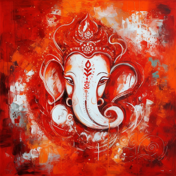 Red Radiance: A Stunning Abstract Expressionist Painting Print of Lord Ganesh in White on a Bold Red Background
