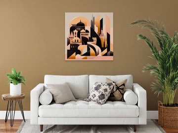 A Stunning Acrylic Color Masterpiece: Golden Black Berlin Shapes on Pastel Peach