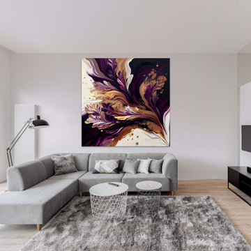Lavender and Maroon Fluid Art Print with Golden Accents and Sparkling Edges