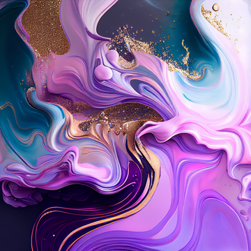 Shimmering Dreamscape: A Fluid Art Print in Lavender, Pink, and Blue with Golden Glitter Accents