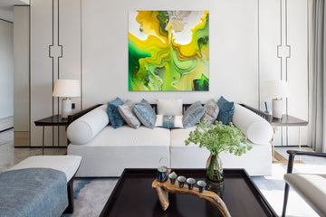 Meadow of Sunlight: Acrylic Color Fluid Art Print in Hues of Yellow and Green with Grey Strokes