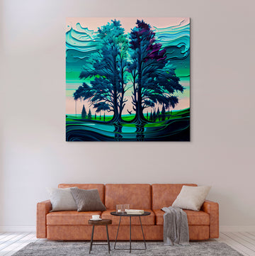 Enchanted Forest: An Acrylic Color Fluid Art Print of a Beautiful Landscape with Big Trees