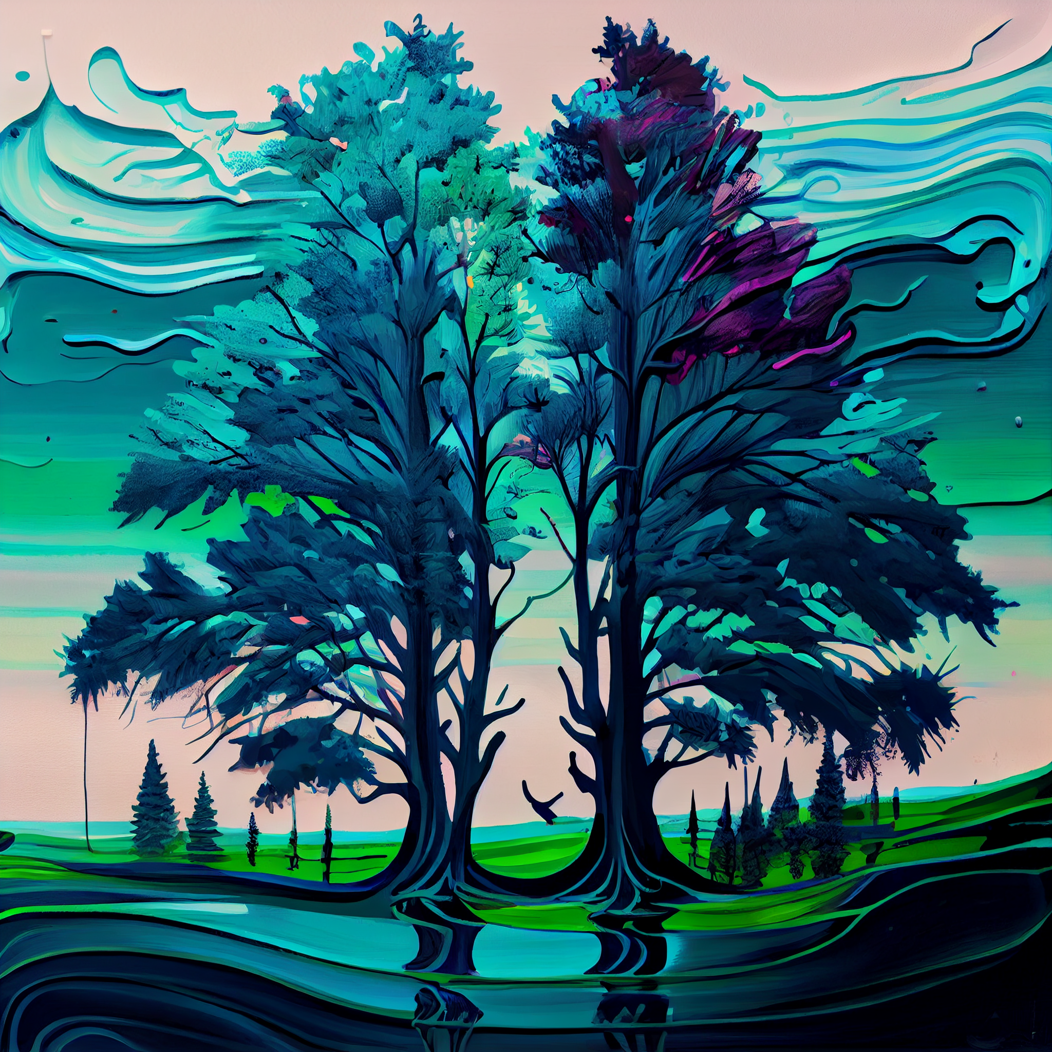 Enchanted Forest: An Acrylic Color Fluid Art Print of a Beautiful Landscape with Big Trees