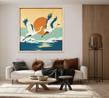 Flight of Serenity: A Sunrise Scene with Two Majestic Cranes Soaring over a Blue Sea in White and Beige Acrylic Colors