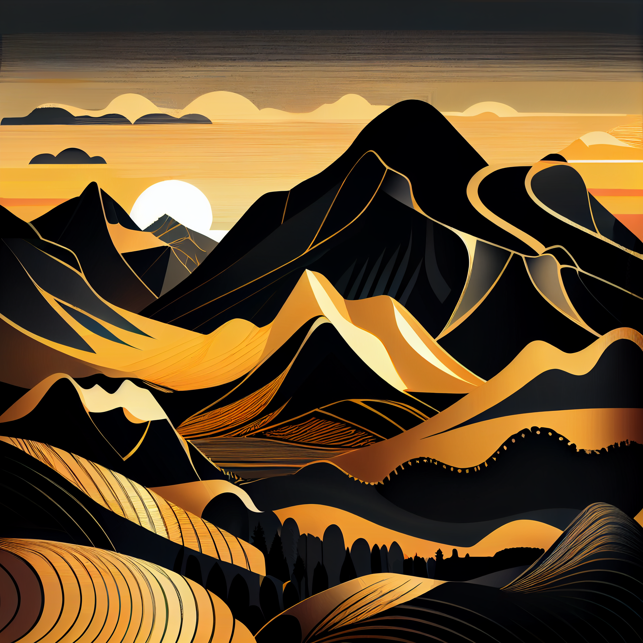 Golden Sunset over Majestic Mountains: Acrylic Color Graphic Print