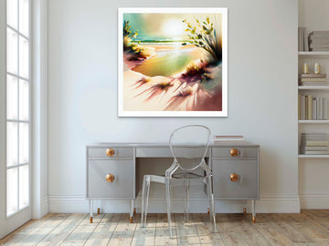 Radiant Shoreline: Acrylic Color Print of a Beach with Sunbeams and Vibrant Coastal Plants
