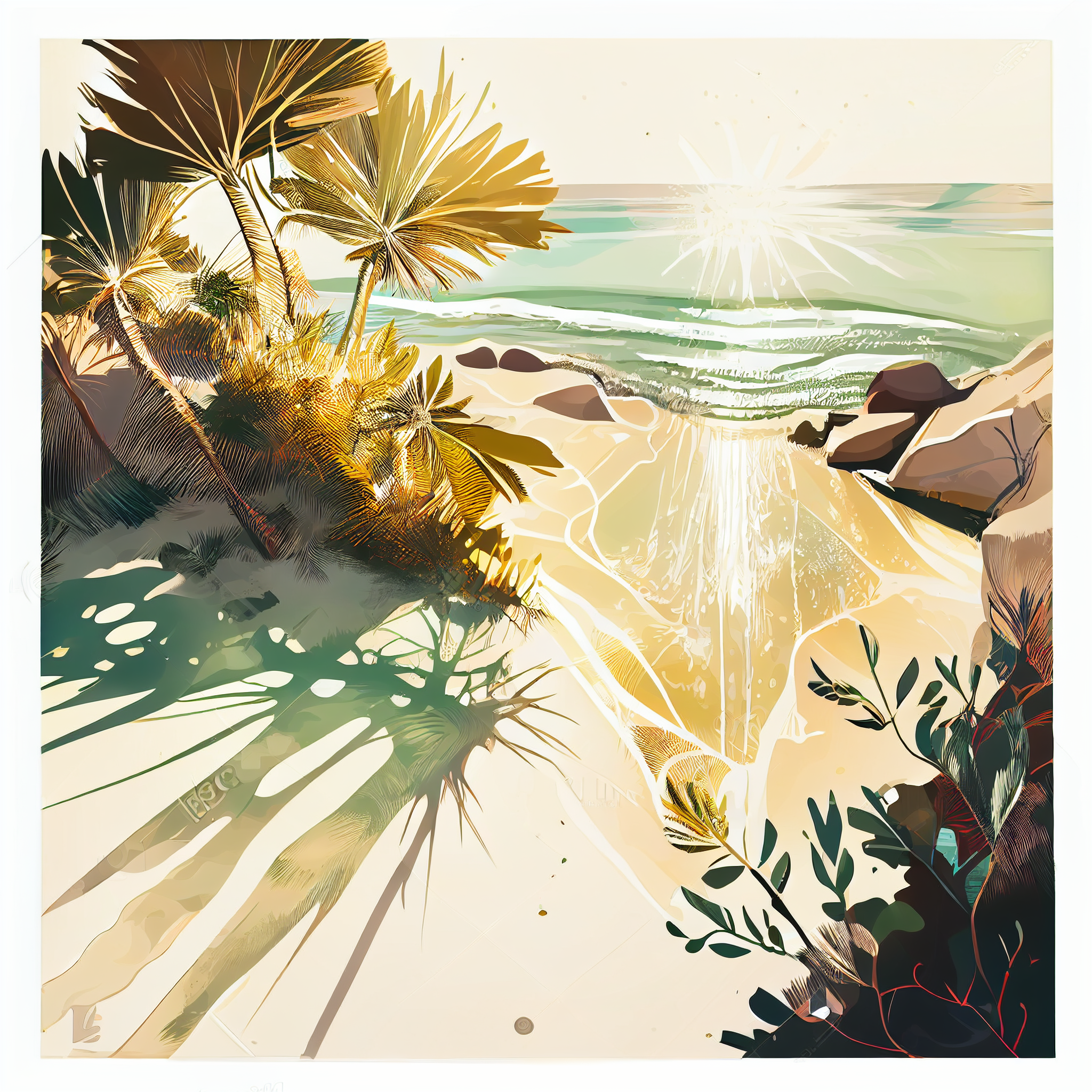 Coastal Oasis: An Acrylic Color Print of a Beach with Clear Water, White Sand, and Sunbeams Lighting with Coastal Plants