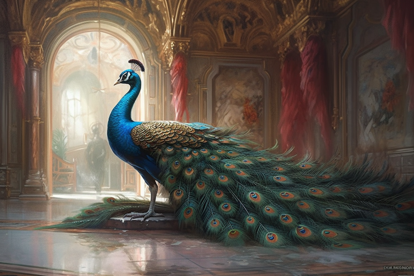 A Hyperrealistic Acrylic Color Print of a Regal Peacock in a Palace