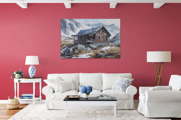 Mountain Retreat: A Serene Hut Amidst Snowy Peaks - Acrylic Color Painting Print