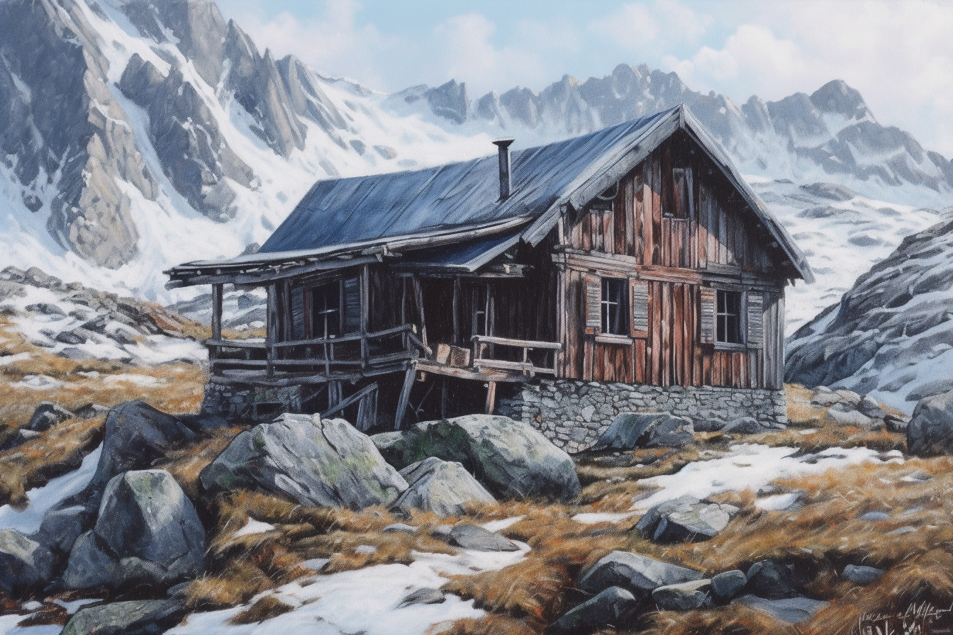 Mountain Retreat: A Serene Hut Amidst Snowy Peaks - Acrylic Color Painting Print