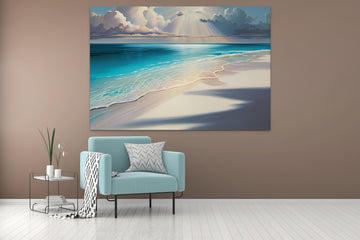 A Captivating Acrylic Color Print of a Tranquil Sea and White Sands Illuminated by Sunbeams