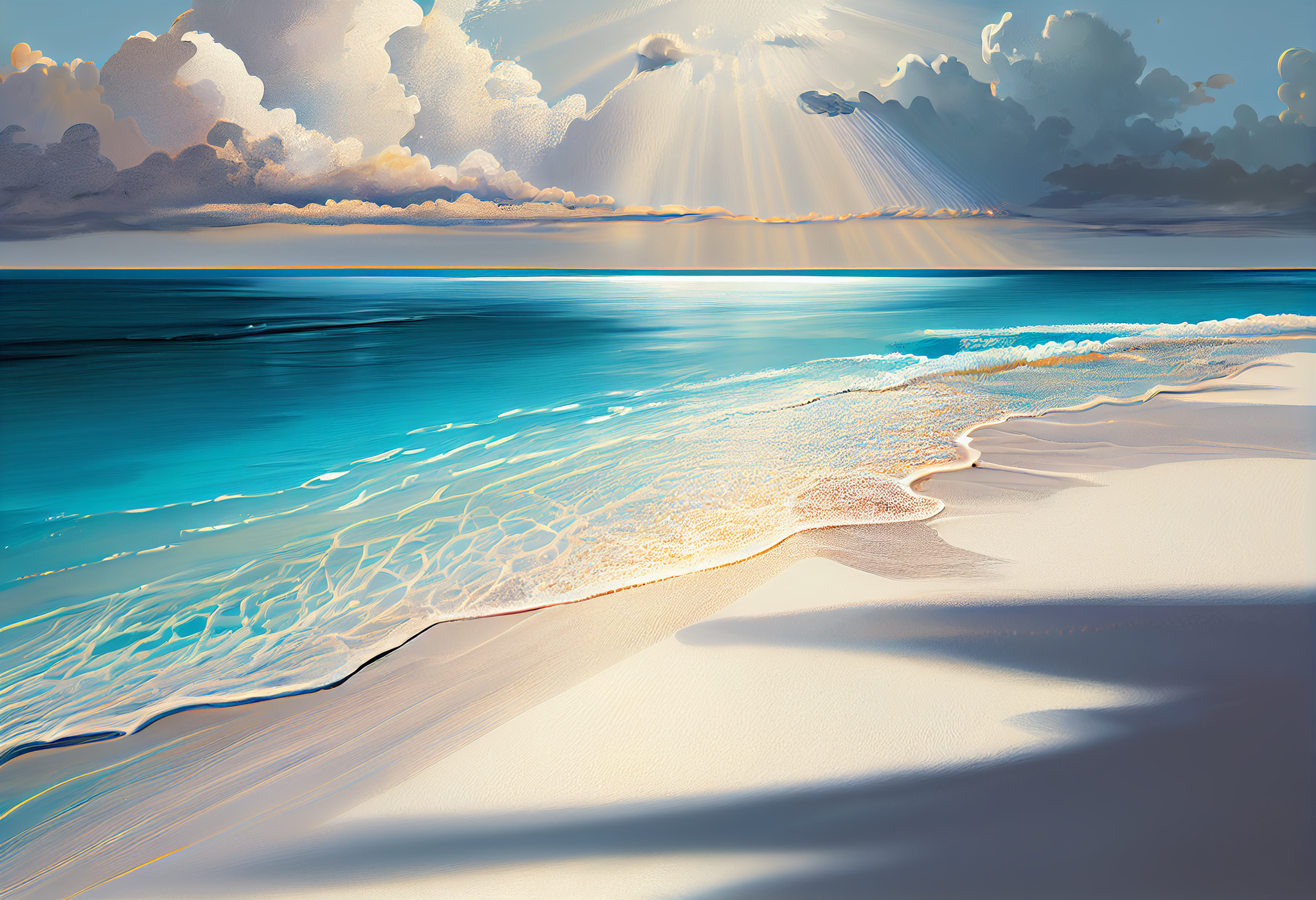 A Captivating Acrylic Color Print of a Tranquil Sea and White Sands Illuminated by Sunbeams
