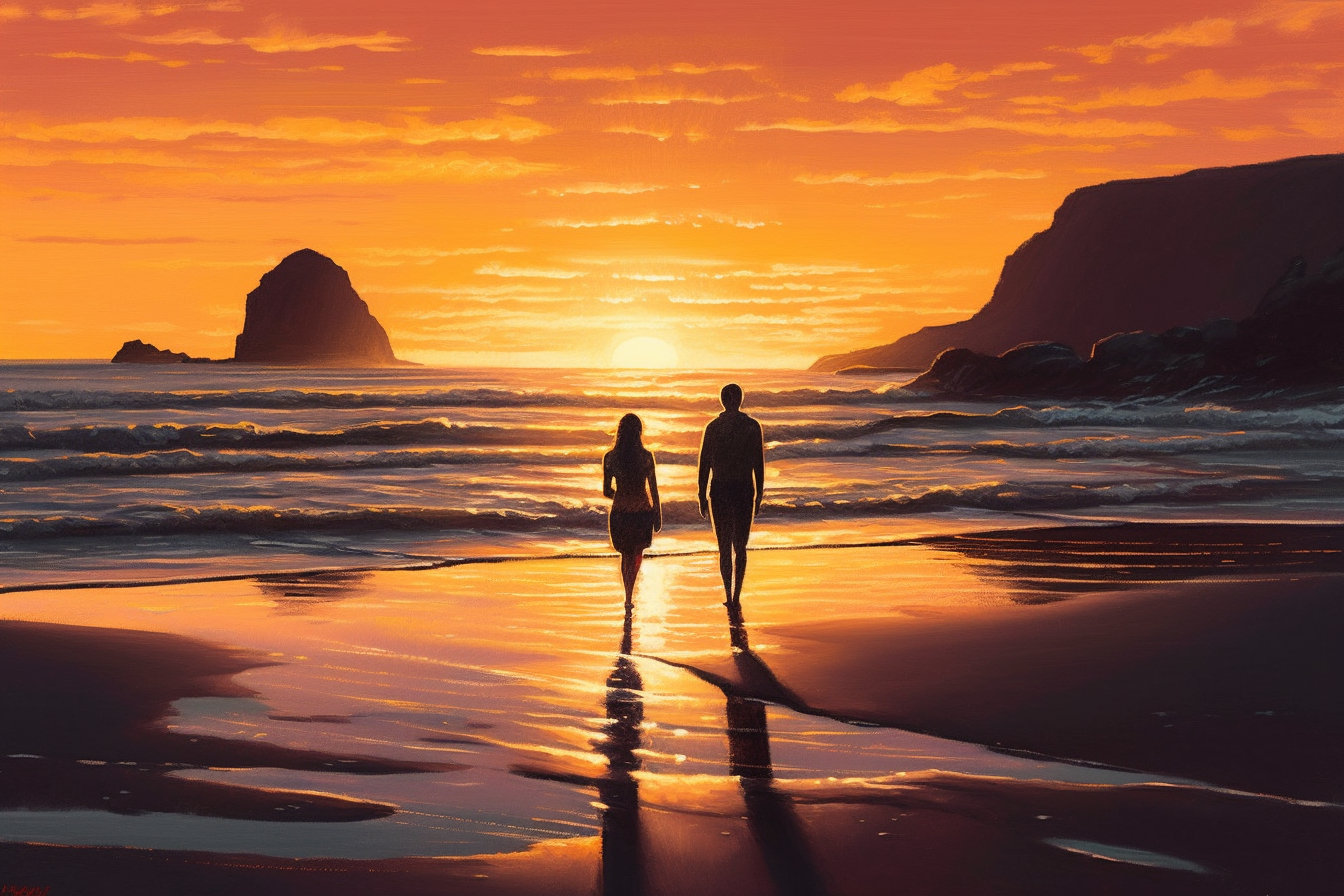 Sunset Stroll: A Romantic Acrylic Color Painting Print of a Couple Walking on the Beach
