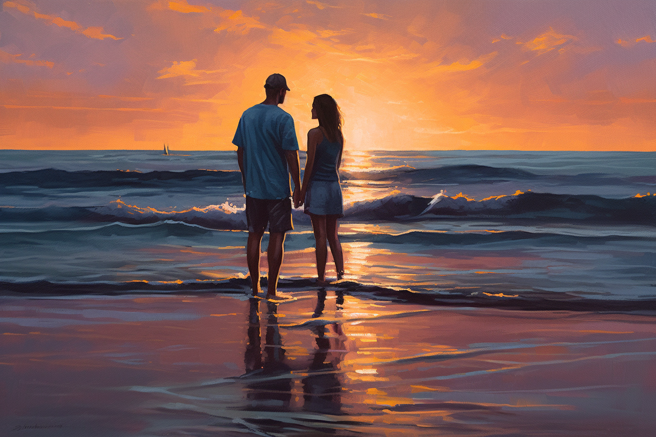Sunset Embrace: An Acrylic print of a Romantic Moment on the Beach