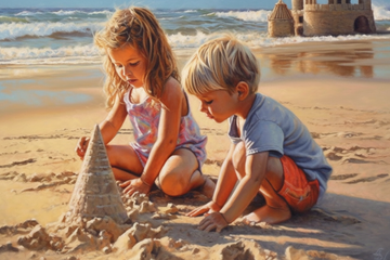 A Hyperrealistic Acrylic Color Print of Children Building Sandcastles on a Beautiful Beach