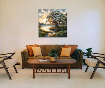 Riverside Serenity: A Sunrise View of an Old Tree with White Flowers in Acrylic Colors Painting Print