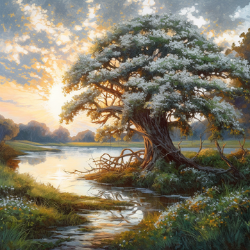 Riverside Serenity: A Sunrise View of an Old Tree with White Flowers in Acrylic Colors Painting Print